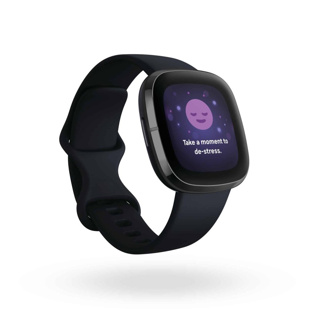 Product render of Fitbit Sense, 3QTR view, in Carbon and Graphite.