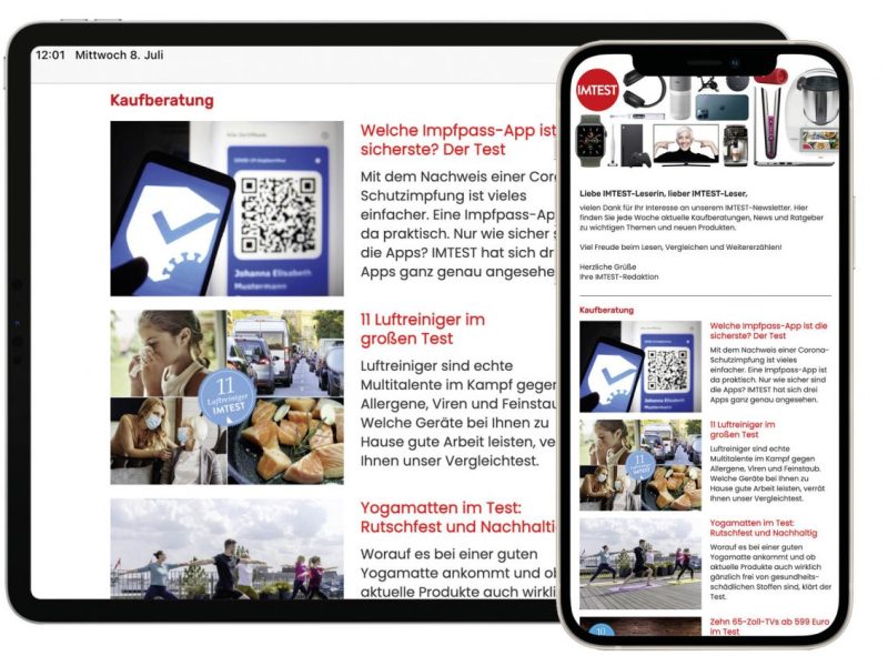 Tablet und Smartphone zeigen einen geöffneten IMTEST-Newsletter.