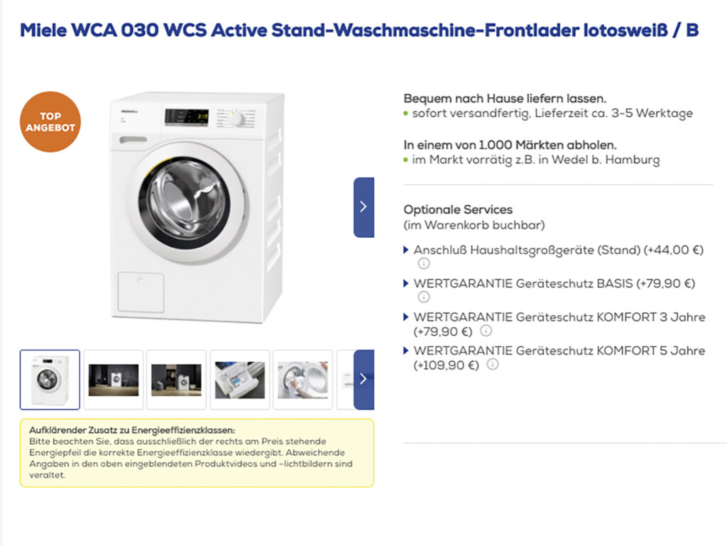 Euronics mit Zusatzleistungen bei Lieferung von Waschmaschine