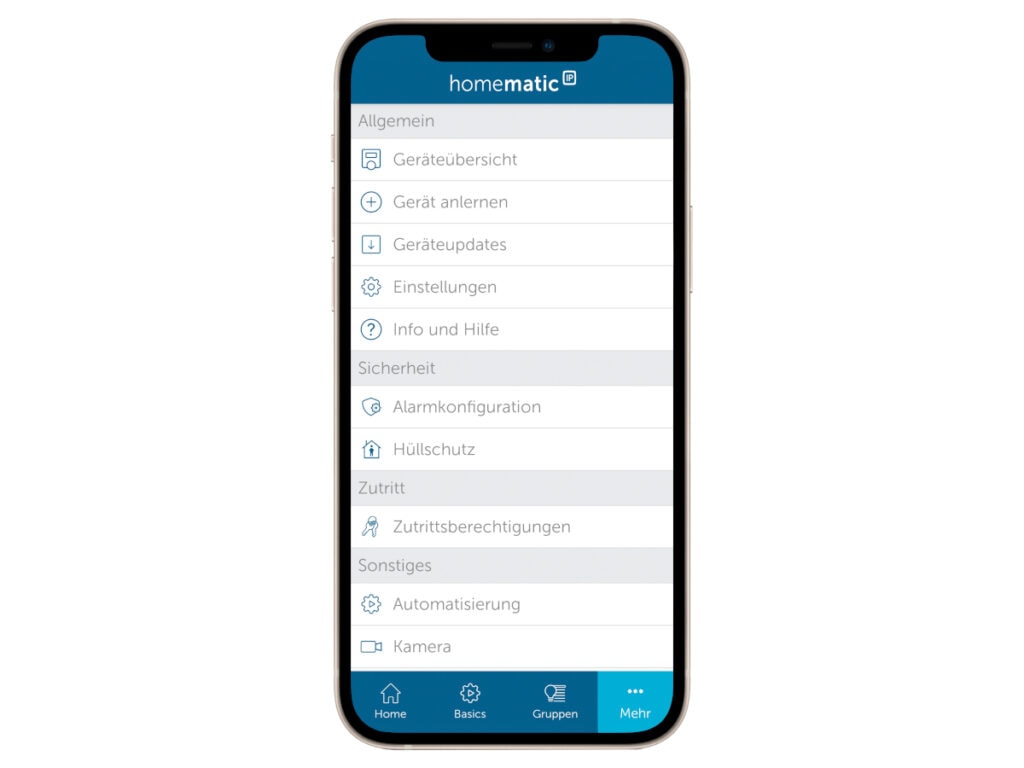 Handy mit geöffneter Homematic-App auf weißem Hintergrund
