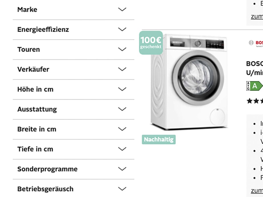 Filter bei Waschmaschinen-Suche