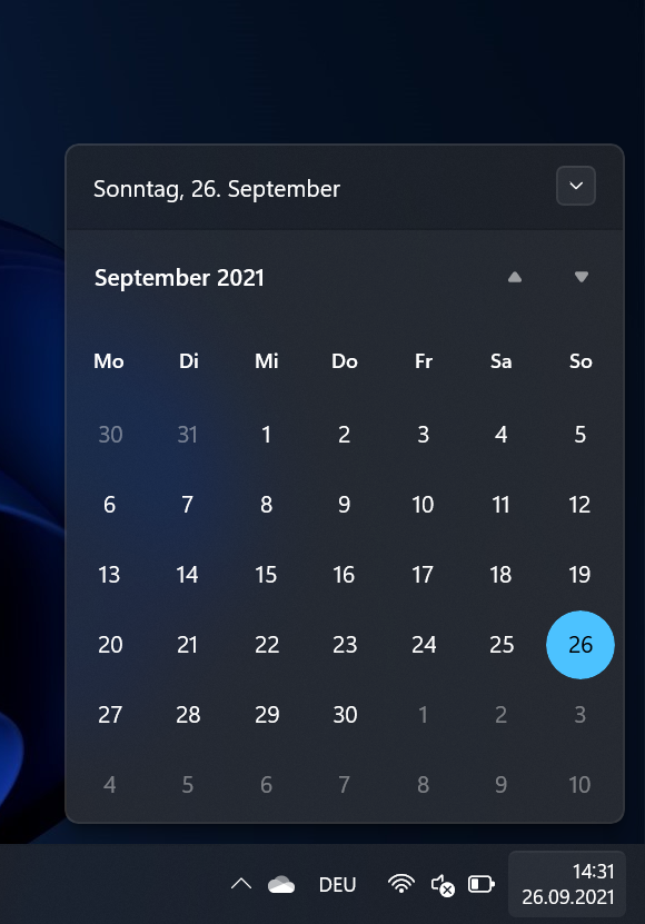 Screenshot Kalender dunkel