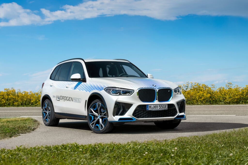 Weißer BMW auf Weg umgeben von Rasen und blauem Himmel