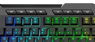 Detailaufnahme schwarze Tastatur mit blau und grün leuchtenden Tasten