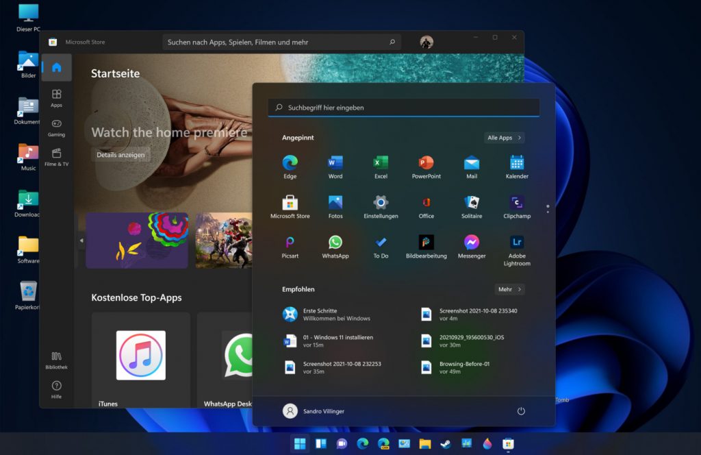 Das Bild zeigt den neuen Desktop von Windows 11.
