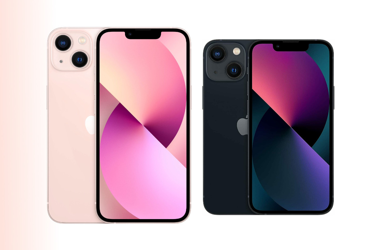 iPhone 13 in Rose mit Vor- und rückseite neben iPhone 13 mini in schwarz mit Vor- und Rückseite auf weißem Hintergrund mit rosa Farbverlauf auf der linken Seite