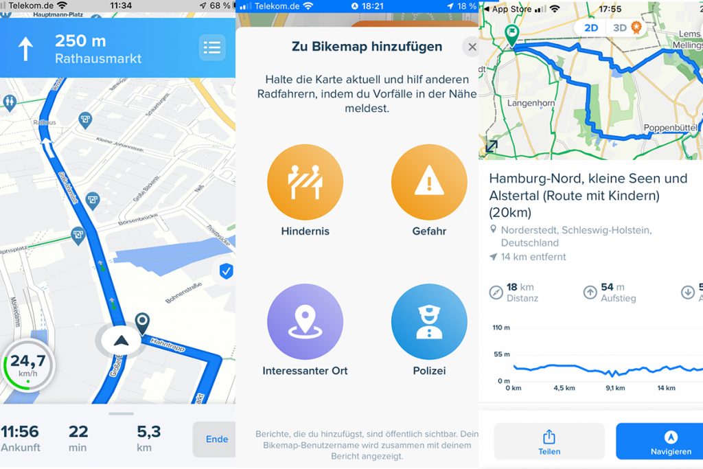 Drei Navigations-Screenshots aus der E-Bike-App Bikemap.
