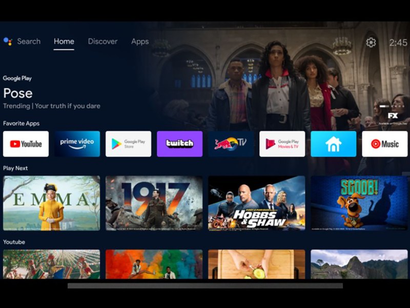 Der Startbildschirm des neuen Android TV 12 von Google.