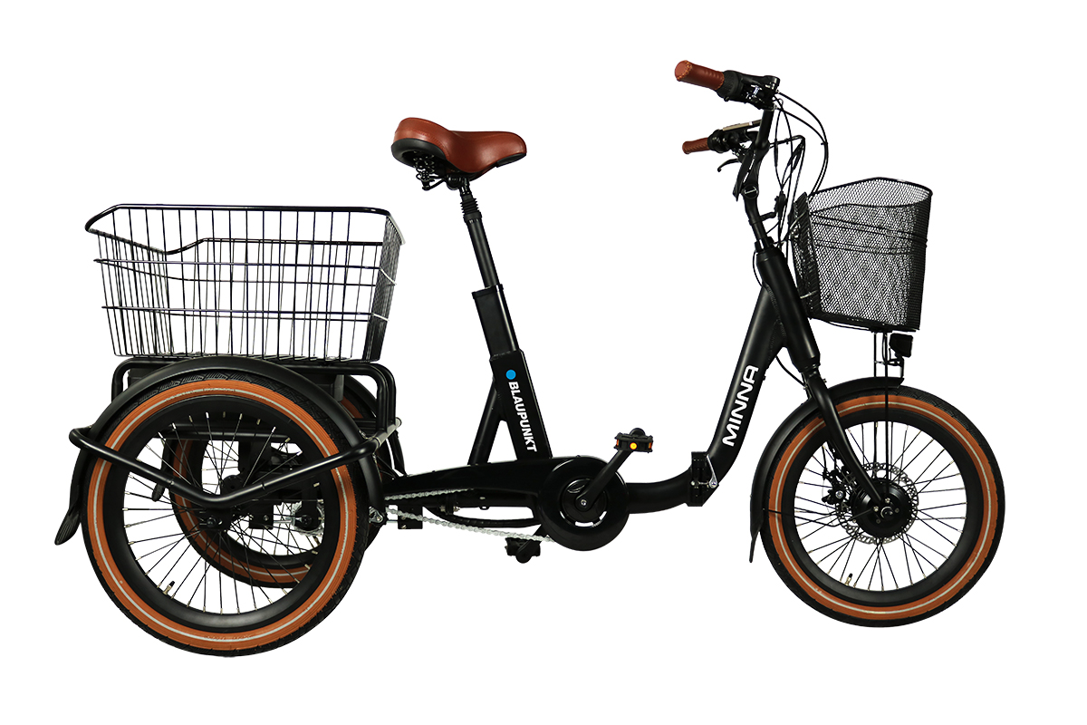 Das faltbare Lasten-E-Bike Minna von Blaupunkt von der Seite aus fotografiert.