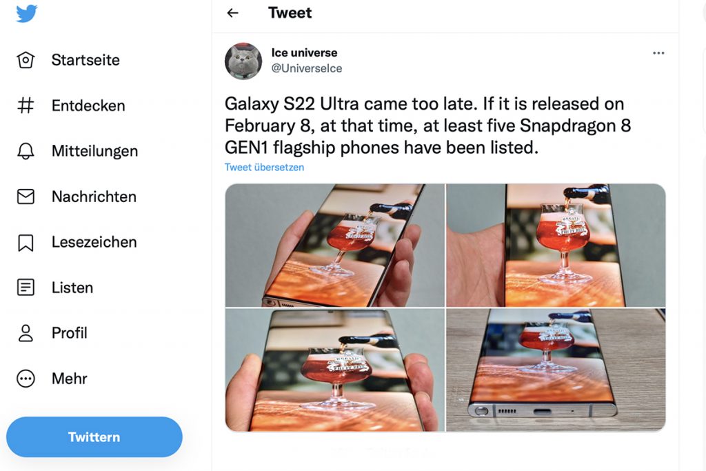 Der Leaker Ice Universe kündigt auf seinem Twitterkanal die Veröffentlichung des Samsung Galaxy S22 (im Bild das S22 Ultra) für den 8. Februar  2022 an.