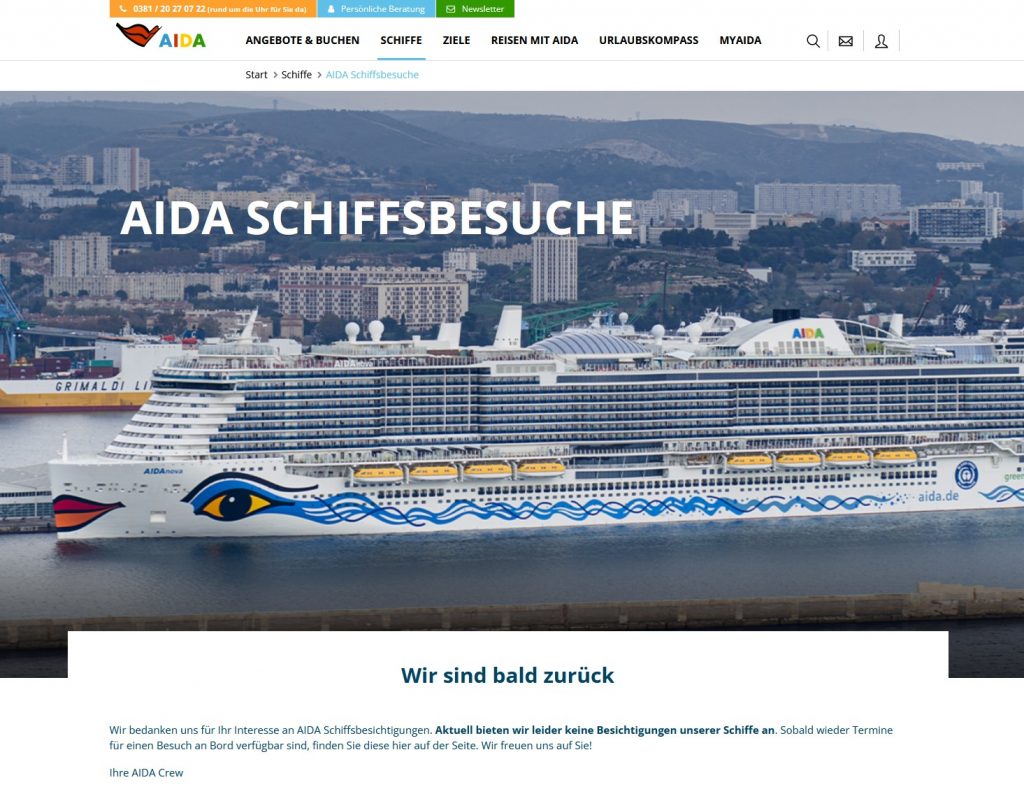 Screenshot AIDA Seite mit großem Schiffsfoto