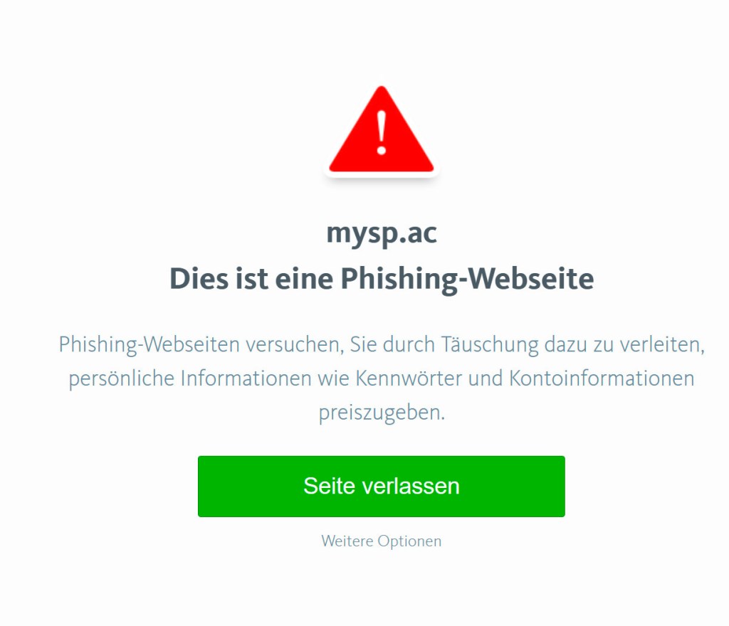 Screenshot weißes Fenster mit Warnung vor Phishing