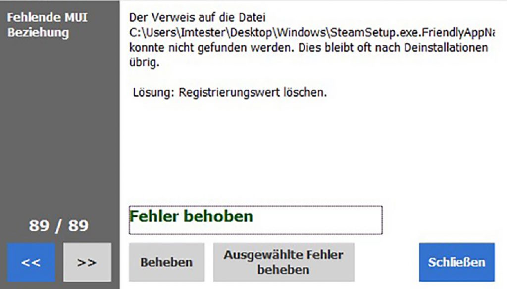 Screenshot Fenster mit Meldung Fehler behoben