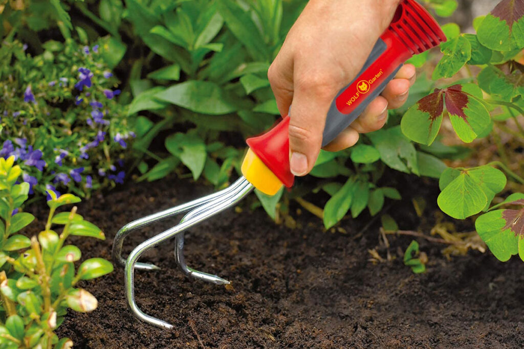 Frau lockert mit einem Grubber den Boden in einem Beet auf.