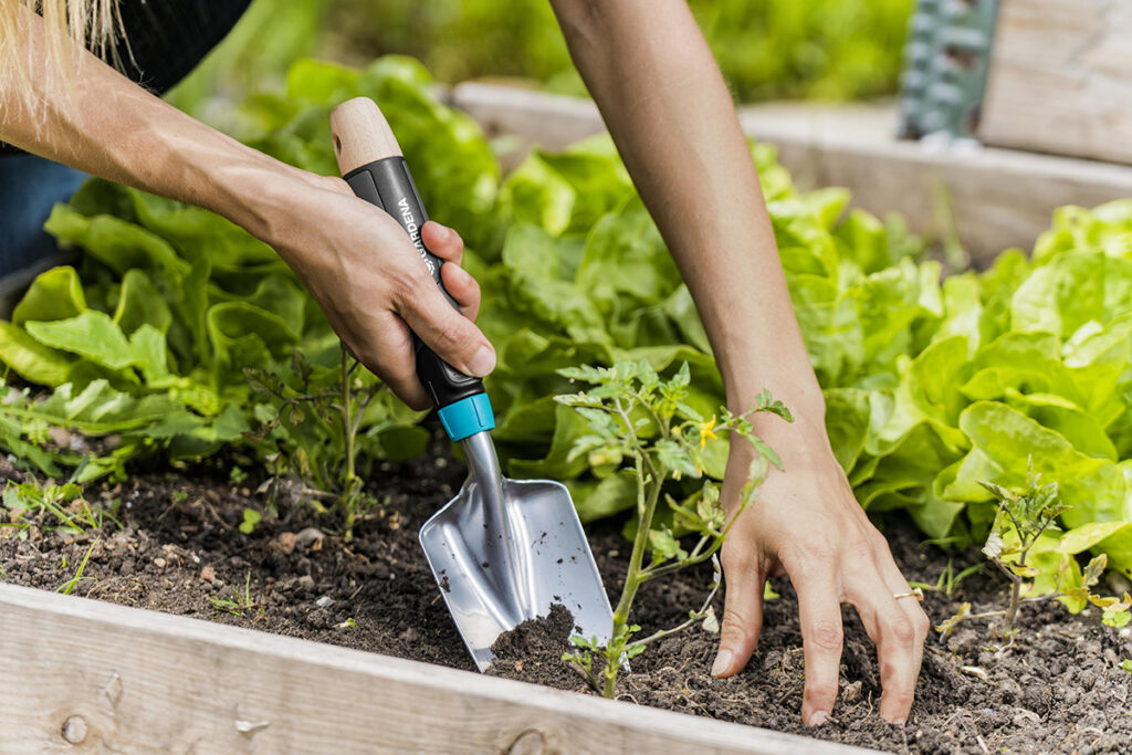 Frau gräbt mit Gartenkelle Erde in einem Hochbeet um.