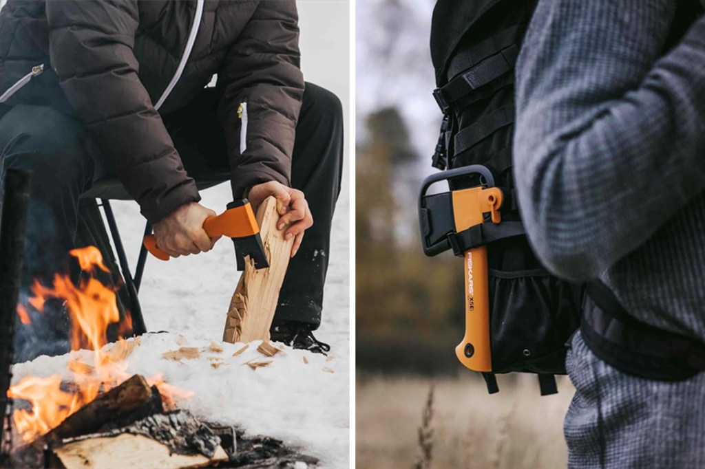 Person im Schnee zerkleinert Holzstück mit orangenem Beil, daneben Bild auf dem Person mit Rucksack an dem das Fiskars Beil hängt zu sehen ist