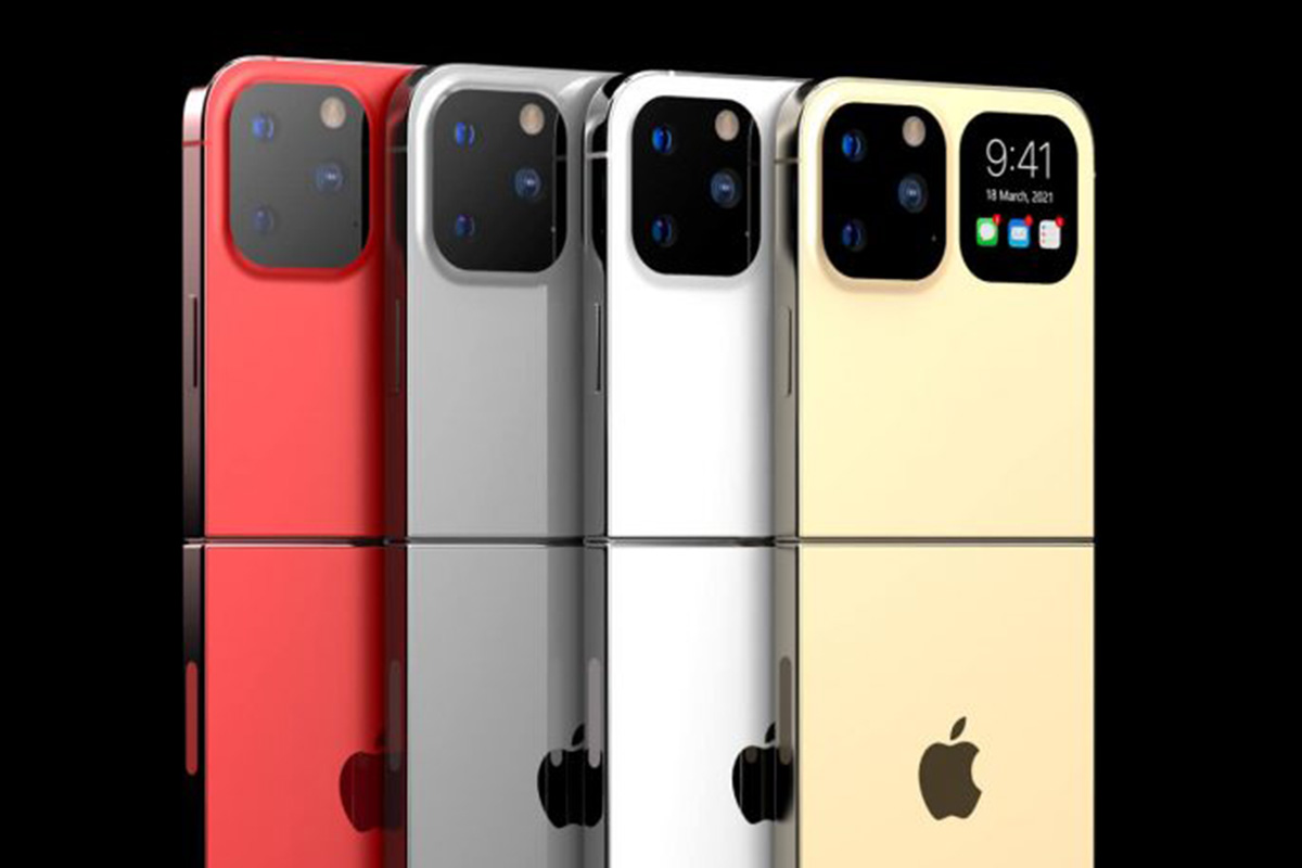 Eine Montage von vier iPhones mit Außendisplay.