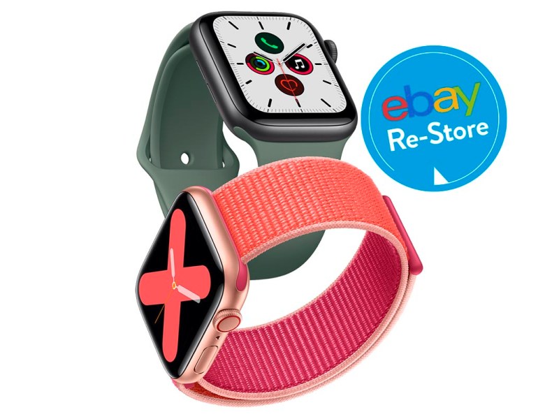 Zwei Apple Watch 5 in orange und grün übereinander auf weißem Hintergrund mit blauem Button "eBay Re-Store"