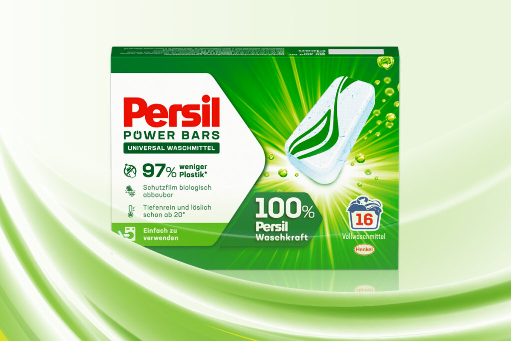 Die Verpackung der Persil Power Bars ist in Nahaufnahme gezeigt.