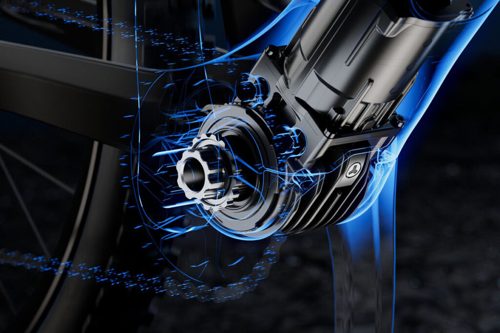 Das Detailbild zeigt die Kombination zwischen Akku und Motor bei einem E-Bike-Antrieb.