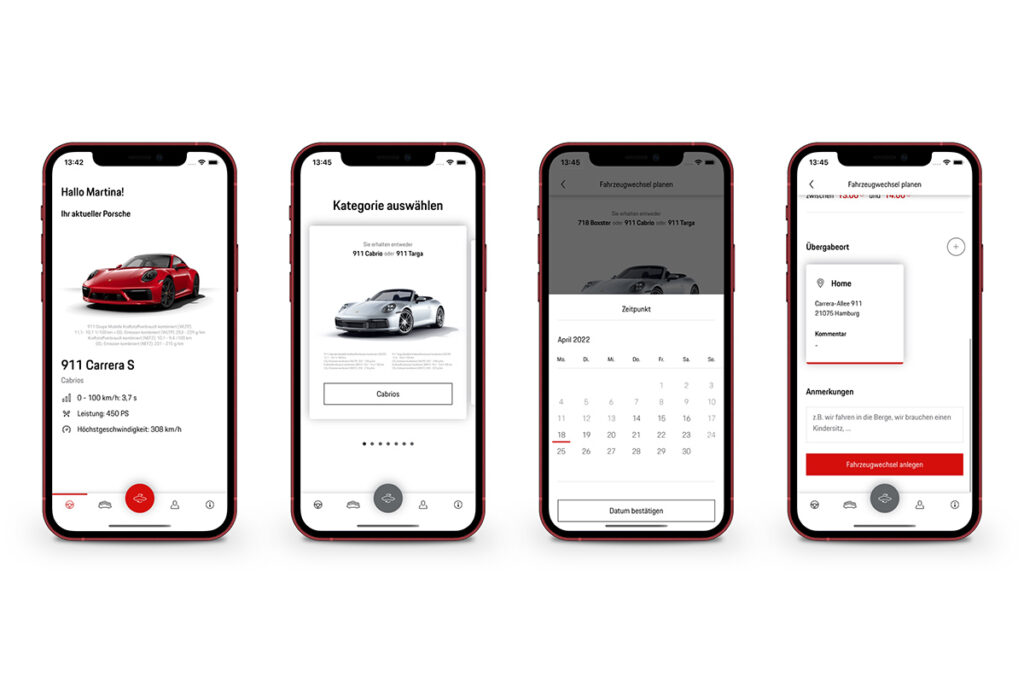 Screenshots der App, in der man die Porsche Fahrzeuge wählen und tauschen kann.