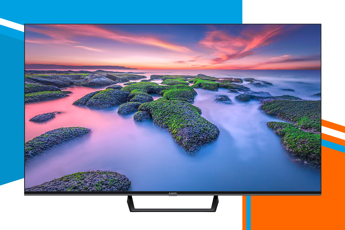 Der neue Xiaomi TV A2 vor einem bunten Hintergrund