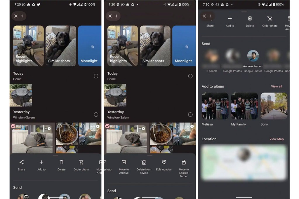 Drei Screenshots, die das neue Overlay von Google Fotos zeigen.