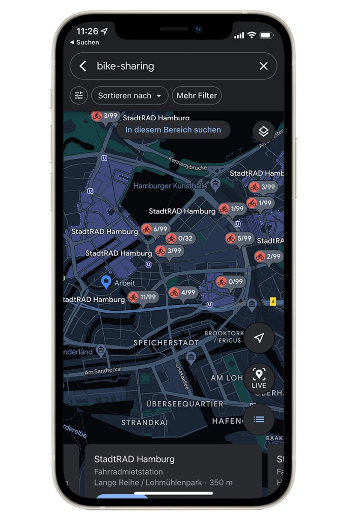 Fahrrad-Stationen finden sich über Google-Maps.