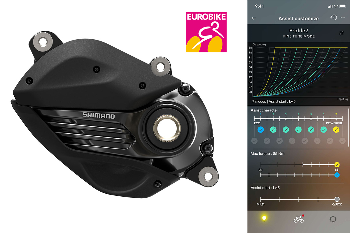 zweigeteiltes Bild: Links neuer E-Bike Motor von Shimano EP6, rechts Handybildschirm mit Shimano App: zeigt Einstellungsfunktionen