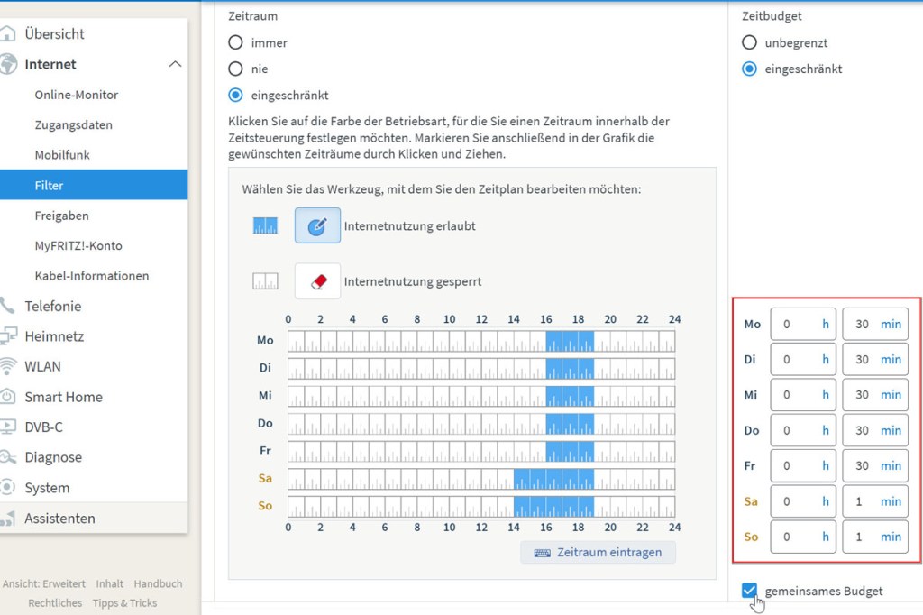 Zeitbudget in der Fritz!Box einrichten