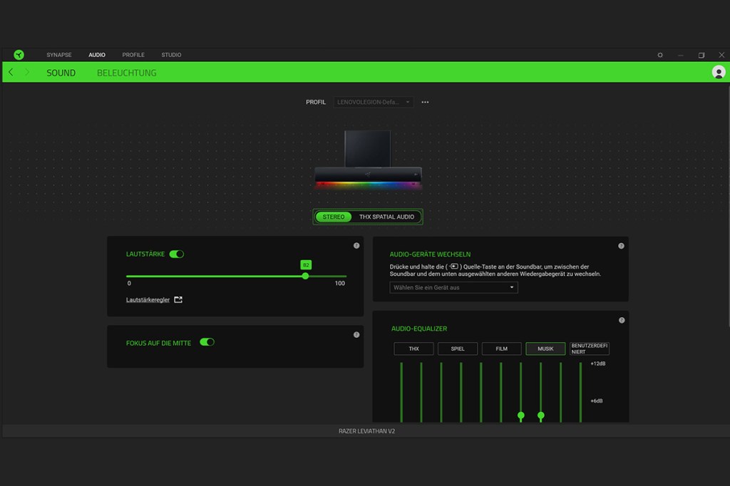 Die Benutzeroberfläche der Razer Leviathan V2.