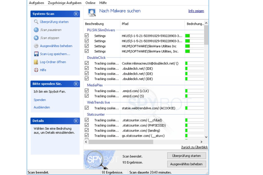 Spybot Scan-Ergebnisse