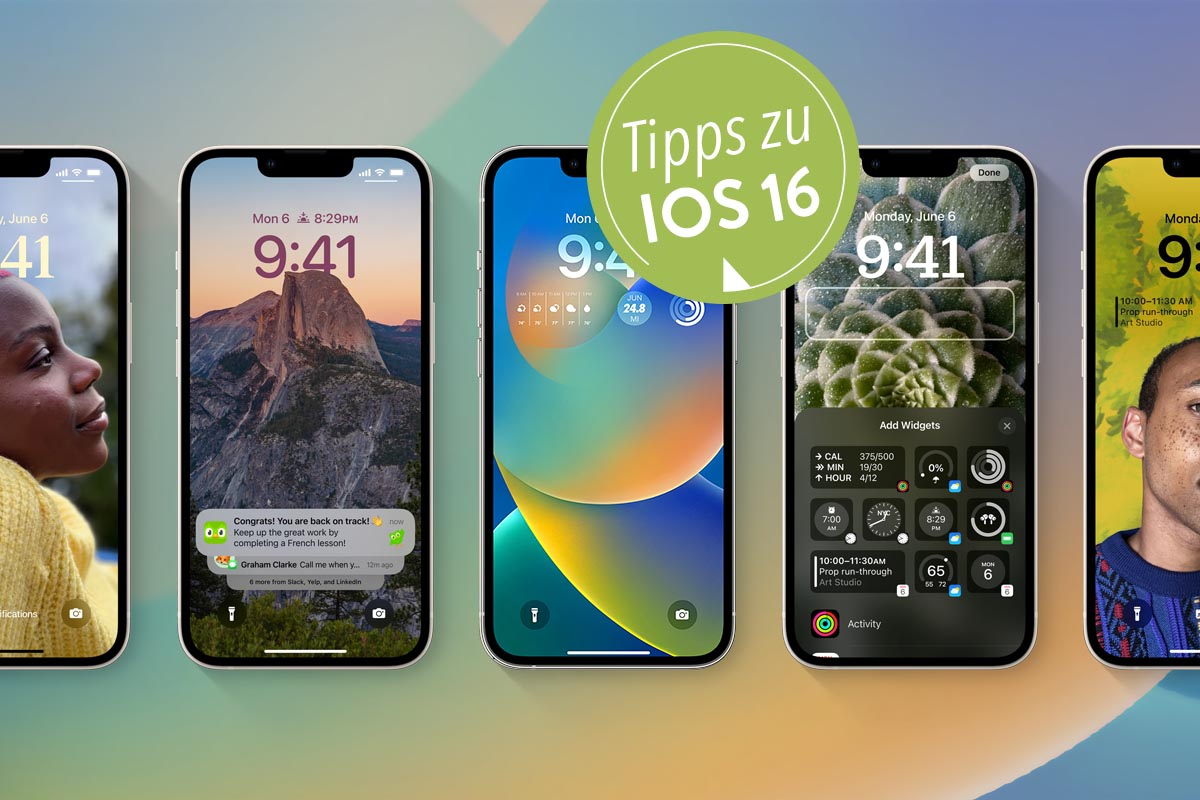 iPhones mit dem iOS 16 vor buntem Hintergrund