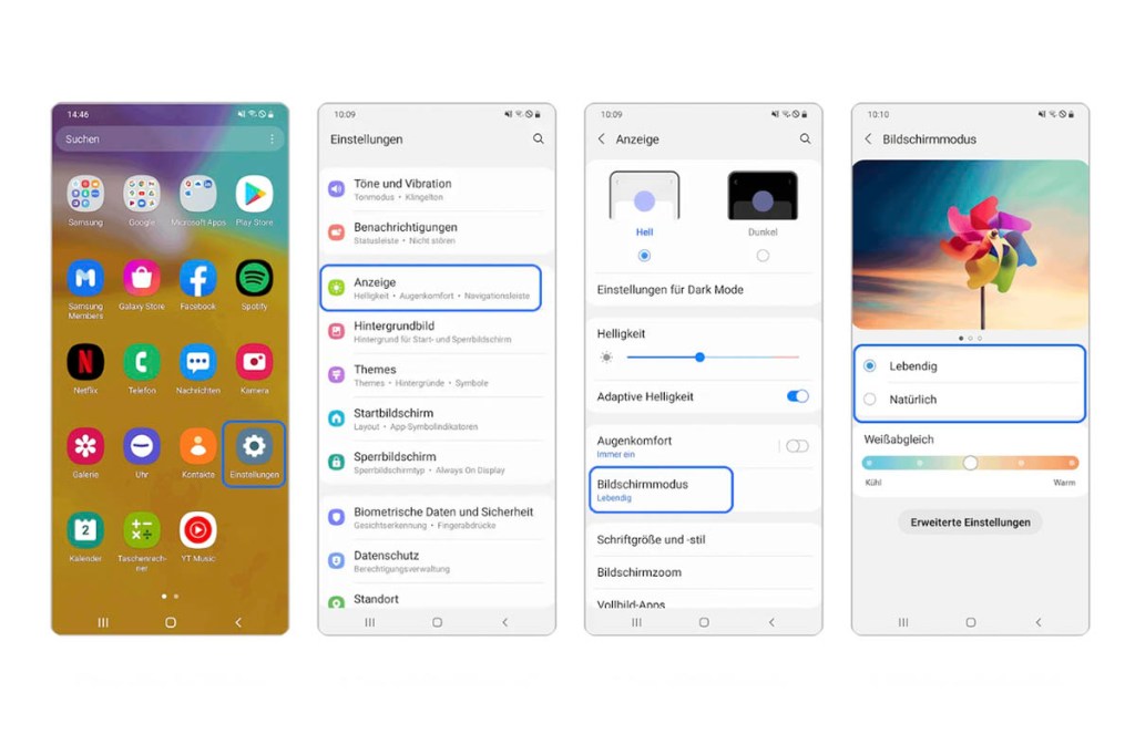 Screenshots der Anzeige Einstellungen bei Samsung Smartphones