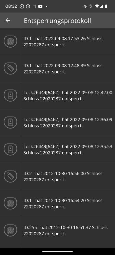 Der Scrrenshot des Entsperrungsprotokolls aus der App mit dieversen Einträgen