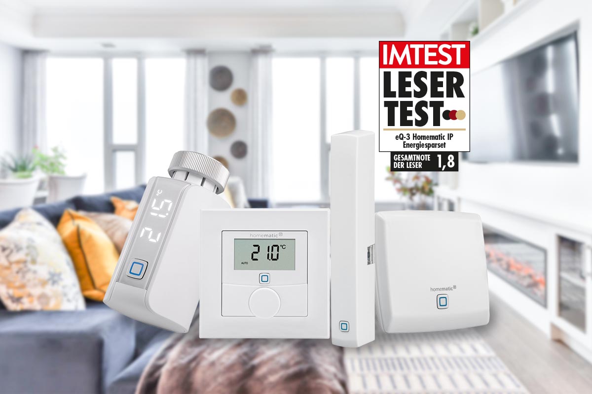 eQ-3 Homematic IP Energiesparset Produkte vor unscharfem Hintergrund