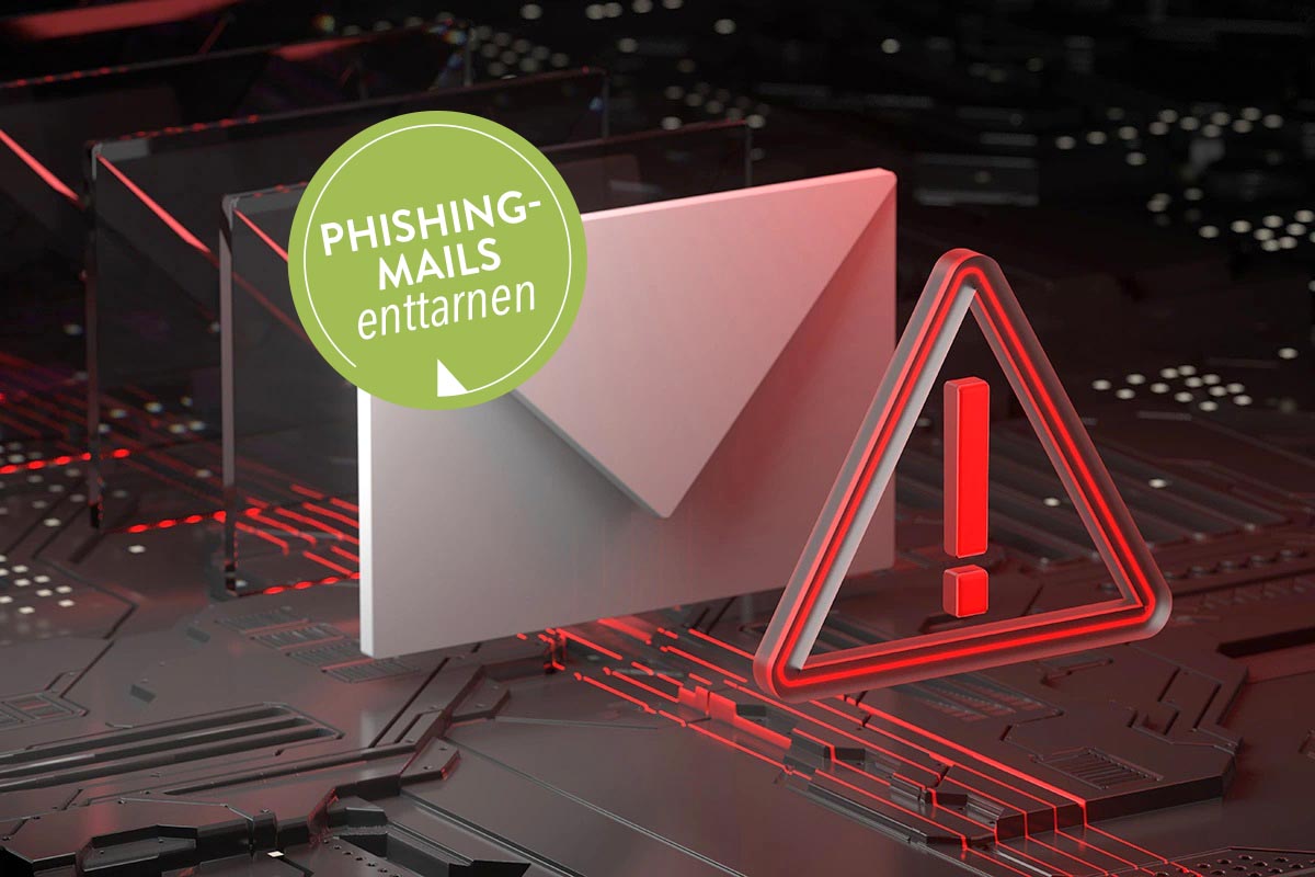 Ein Warmsymbol steht vor einem digitalen Brief als symbolische Warnung vor einer Phishing-Mail