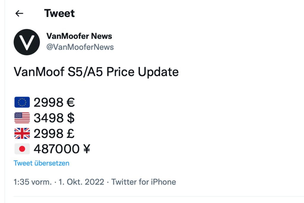 Screenshot von offiziellem Twitter-Account von VanMoof mit den neuen Preisen. für VanMoof S5 und A5. Unter anderm werden die Bikes in Europa ab sofort 2.989 Euro kosten.