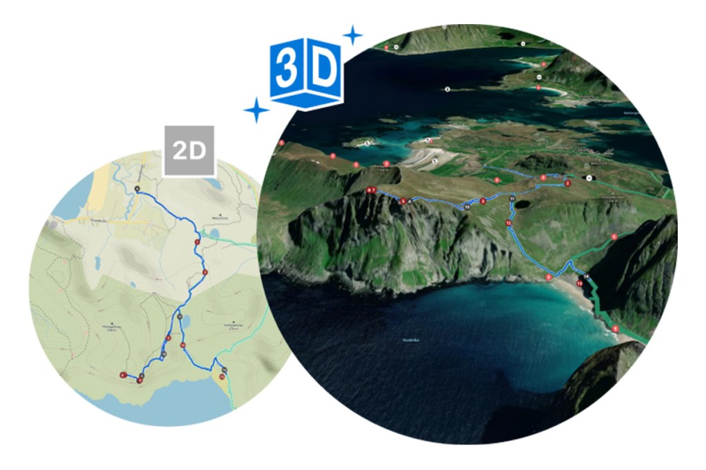 Das Bild zeigt den Vergleich zwischen 2D- und 3D-Karten bei Komoot.