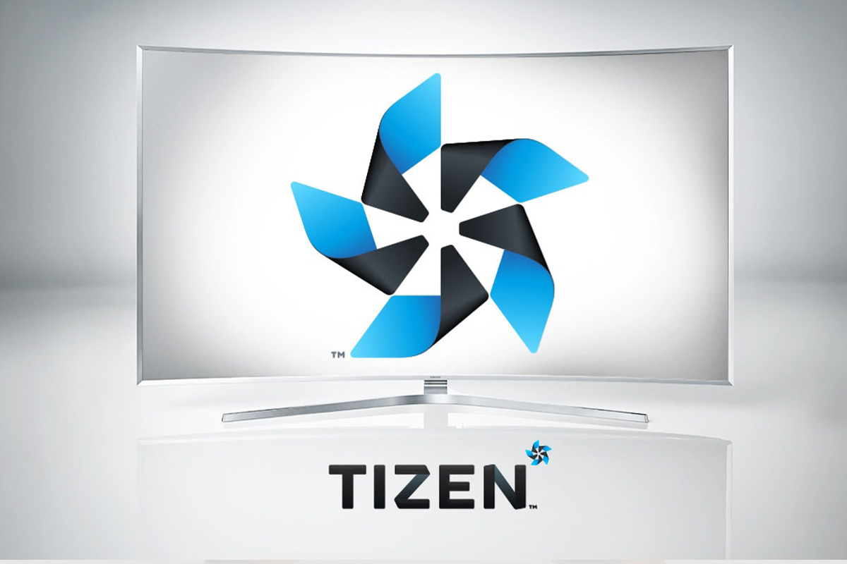 Das Samsung-Tizen-Logo vor einem silbernen Hintergrund.