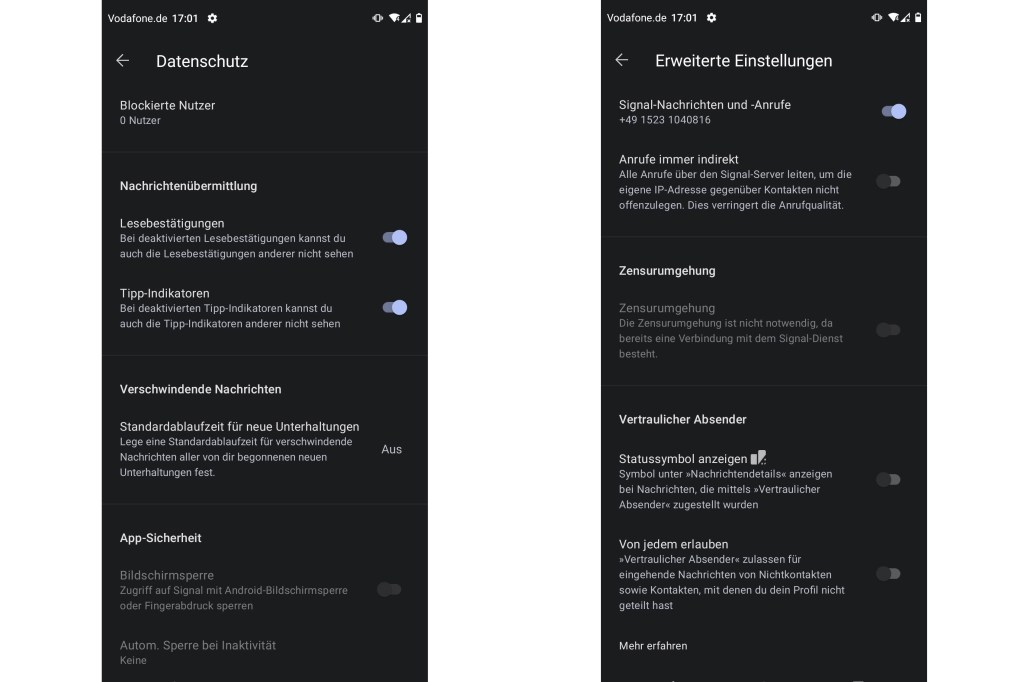 Zwei Screenshots im Dark-Mode zeigen die Datenschutz- und erweiterten Datenschutzeinstellungen von Signal.