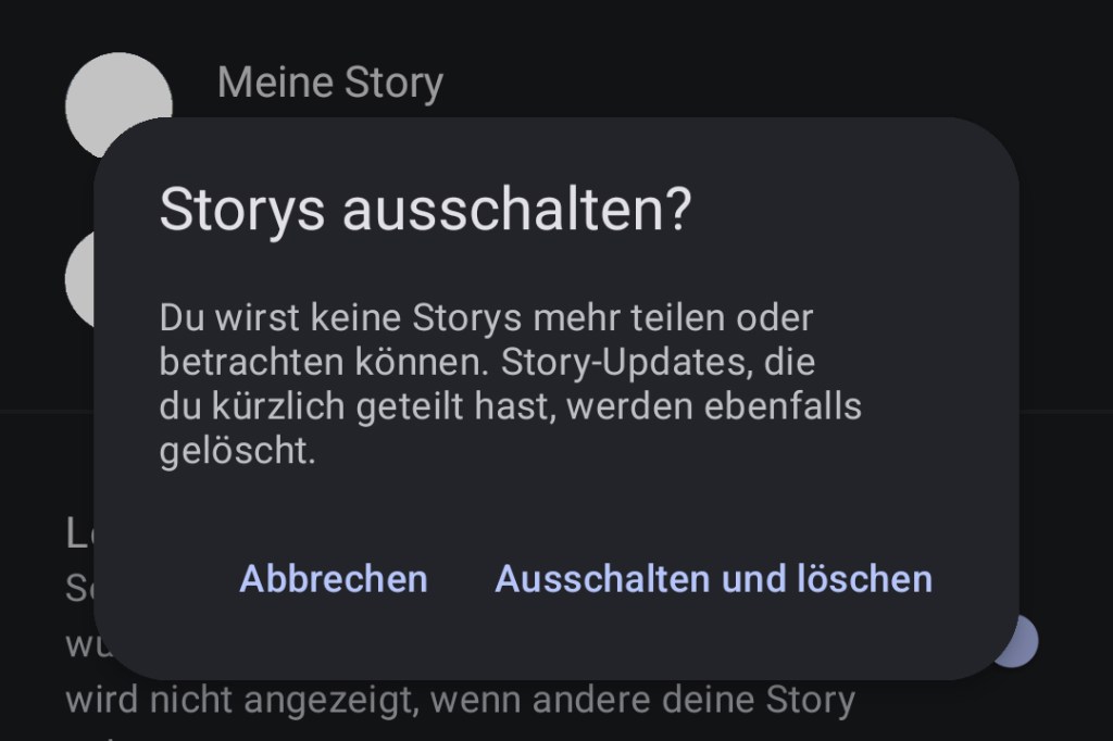 Ein Screenshot vom Signal Messenger mit Opt-Out für Stories.