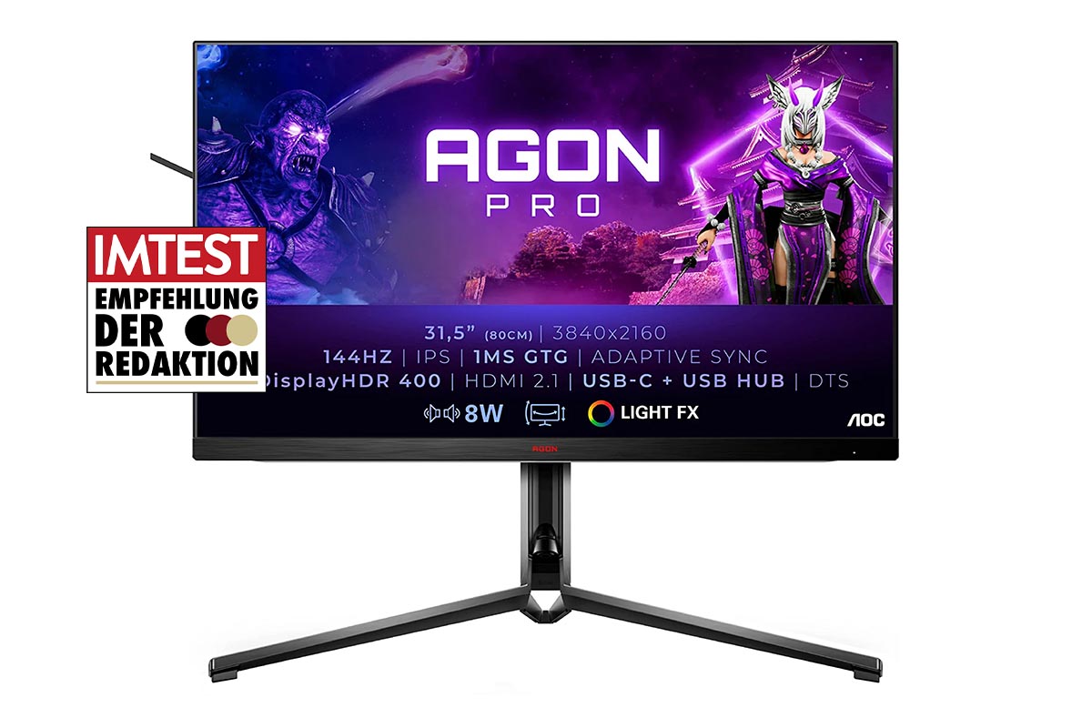Frontalansicht des Gaming-Monitors AOC AGON AG324UX mit technischen Daten.