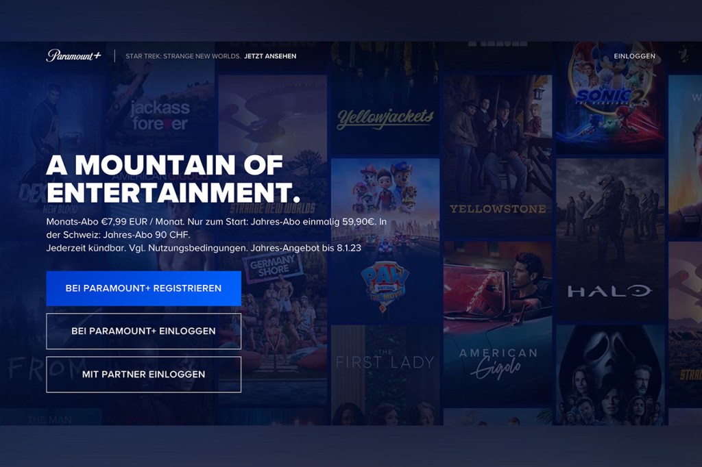 Die Startseite der Website von Paramount Plus.