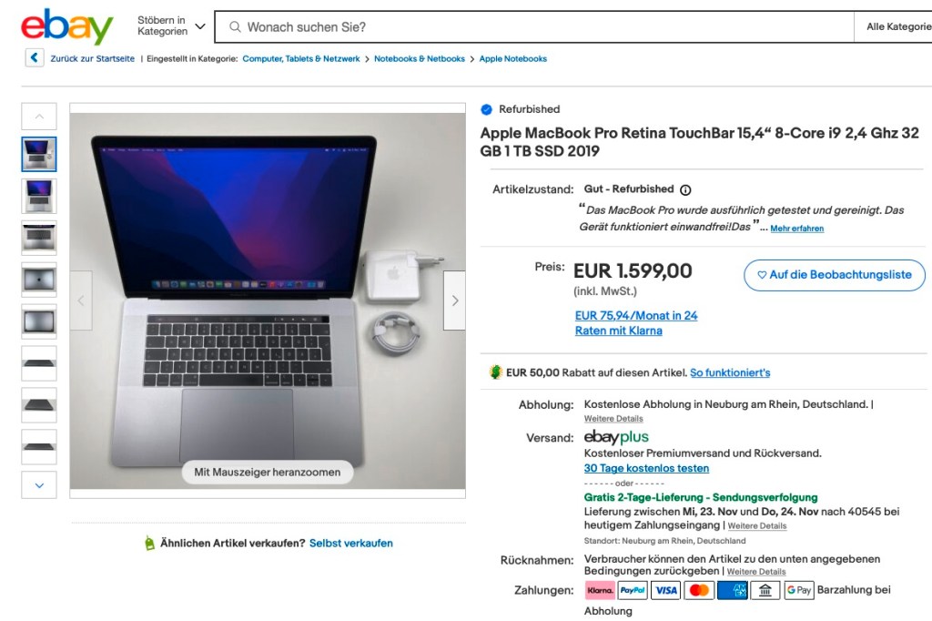 Ein Screenshot der Verkaufsseite des MacBook Pros (2019) aus dem Restore bei eBay.