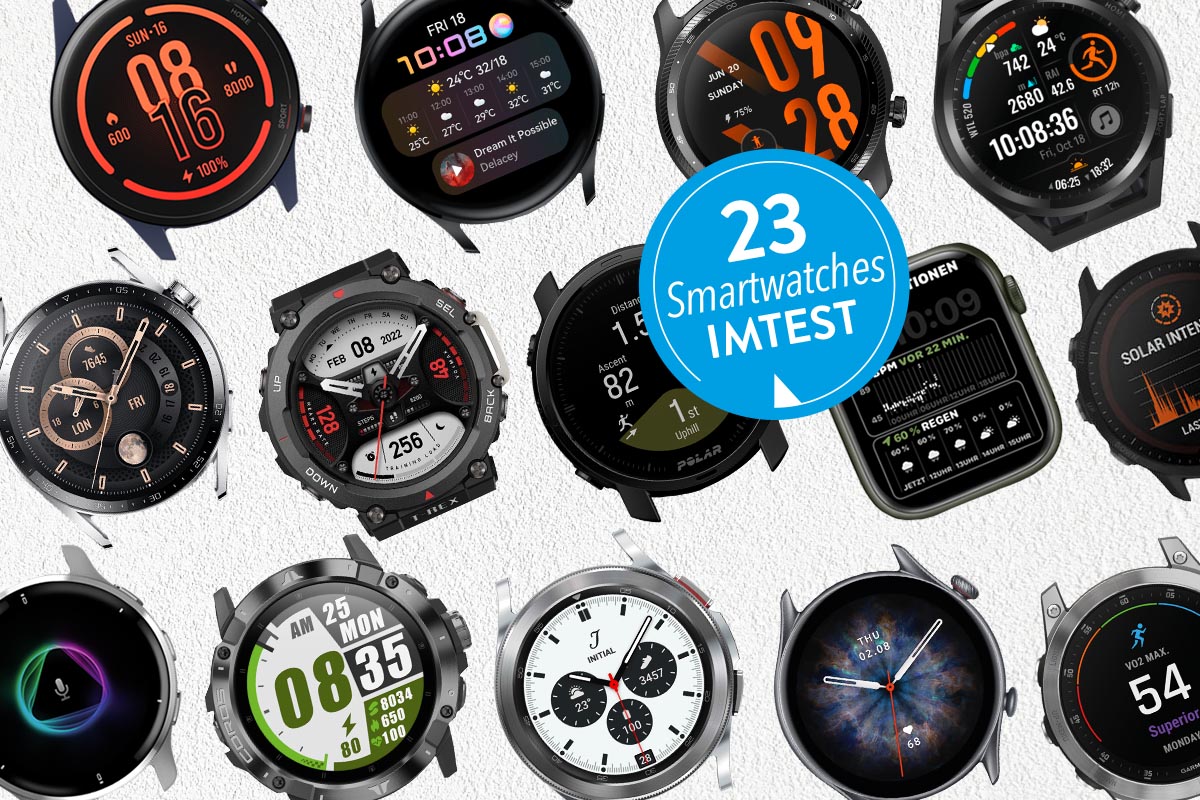 Drei Reihen verschiedenster Ssmartwatch-Gehäuse und blauer Button "23 Smartwatches IMTEST"