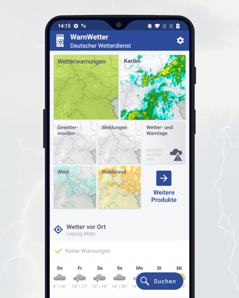 Smartphone zeigt Wetterkarten auf hellen Hintergrund