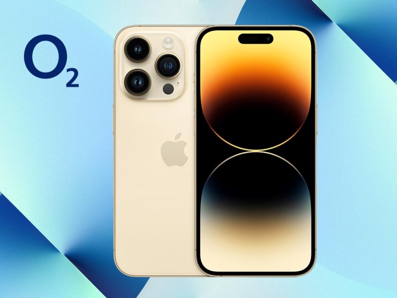 champagnerfarbenes iPhone 14 Pro vor blauem Hintergrund mit O2-Logo