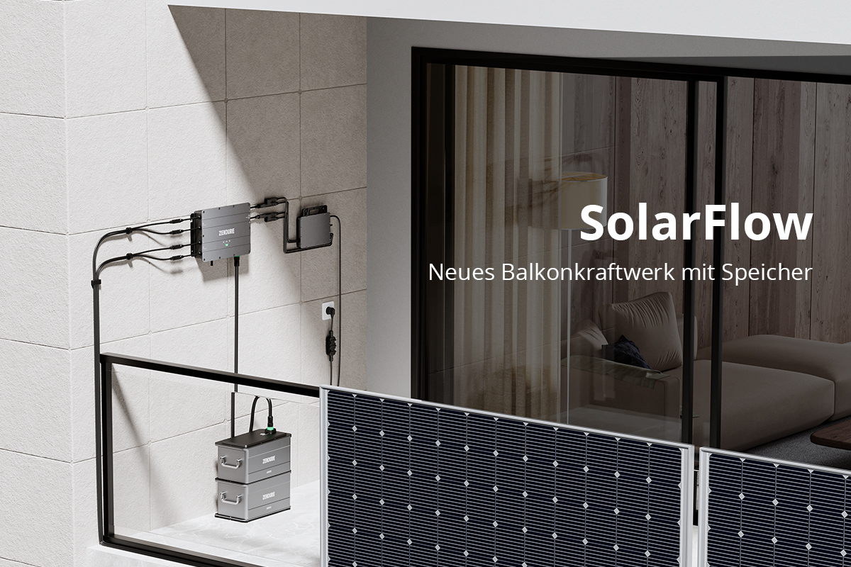 Intelligenter Speicher für Balkonkraftwerke SolarFlow von Zendure auf einem Balkon angebracht