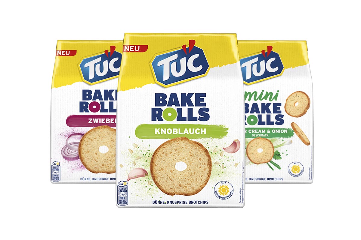 Drei Snacks von TUC auf weißem Grund